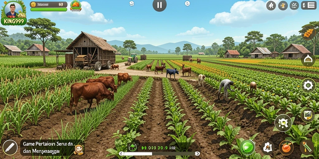 Tampilan gameplay seru dalam KING999 yang menunjukkan aktivitas pertanian.
