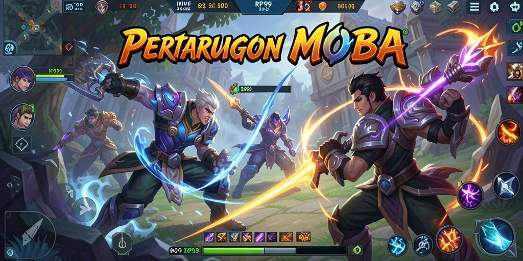 Tampilan gameplay intens dalam RP99 dengan strategi MOBA yang mendebarkan.
