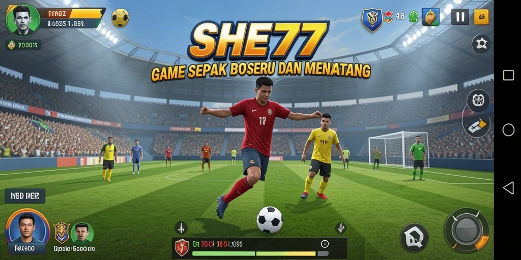 Screenshot gameplay SHE777 menampilkan aksi seru di lapangan sepak bola.
