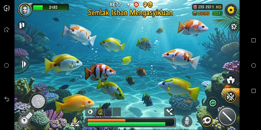 Screenshot XE77 menampilkan aksi mendebarkan dalam permainan Tembak Ikan.